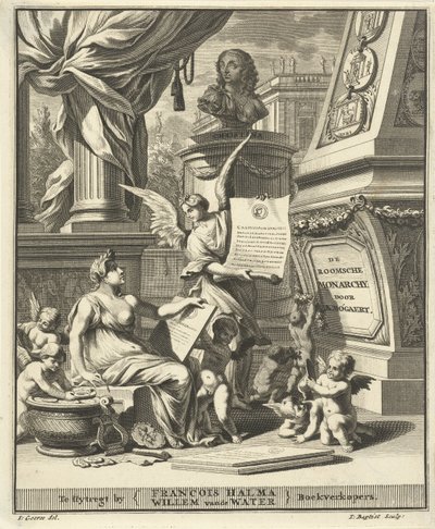 Titelpagina voor A. Bogaert, De roomsche monarchy, vertoont in de muntbeelden der westersche en oostersche keizeren, Utrecht 1697 door Jacobus Baptist