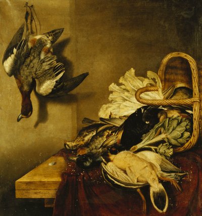 Een Omgevallen Mand met Gevogelte, een Haas, een Artisjok en Sla op een Ledge Gedrapeerd met een Rode Doek door Jacobus Biltius