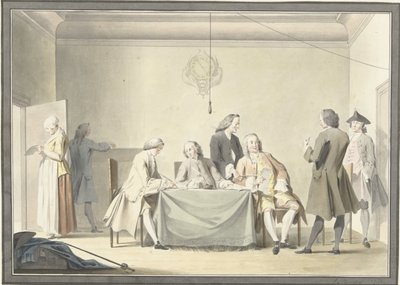 Zitting van Commissarissen tot ontvangst der Liberale Gifte, of 50ste penning, 12 september 1747 door Jacobus Buys (signed by artist)