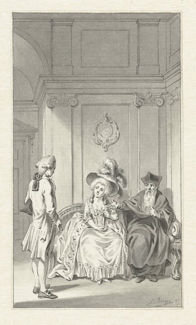 Interieur met geestelijke, dame en jongeman door Jacobus Buys