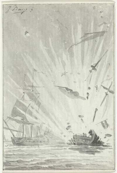 Ontploffing van het Nederlandse kaperschip De Dappere Patriot in gevecht met het Engelse schip Kameleon, 14 augustus 1781 door Jacobus Buys