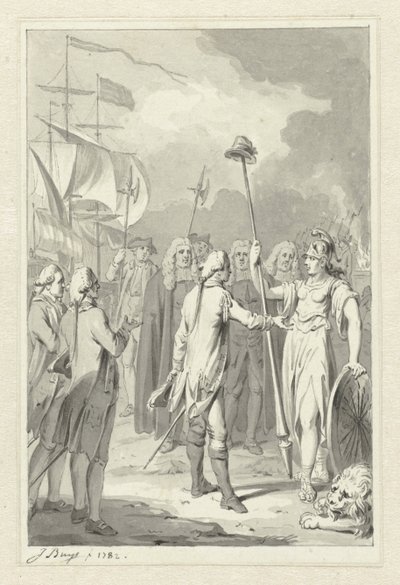 Prins Willem V biedt de Nederlandse Maagd zijn diensten aan door Jacobus Buys