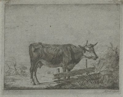 Koe, staand bij een hek door Jacobus Cornelis Gaal