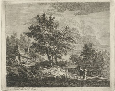 Landschap met wandelaars bij drie boomen door Jacobus Cornelis Gaal