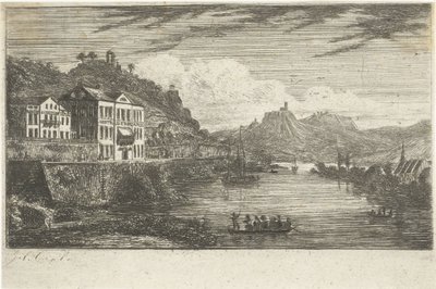 Rivierlandschap met hotel aan de kade door Jacobus Cornelis Gaal