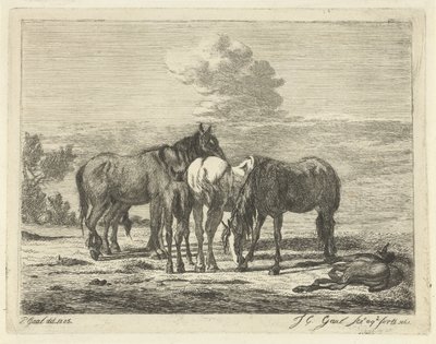 Vier paarden en twee veulens door Jacobus Cornelis Gaal