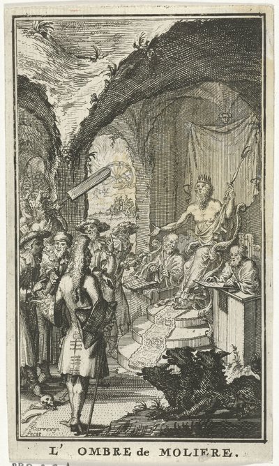 Molière voor de rechters van Pluto door Jacobus Harrewijn
