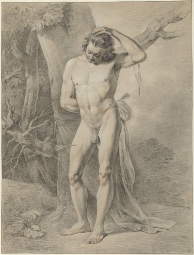 Staand mannelijk naakt, voor een boom door Jacobus Johannes Lauwers
