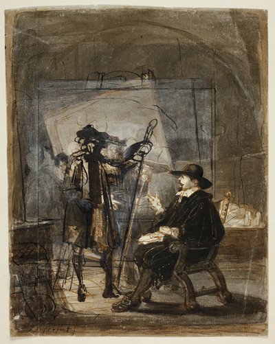 Dr. Nicolaas Tulp in Rembrandts atelier (recto); Scène uit Rembrandts leven () (verso) door Jacobus Ludovicus Cornet
