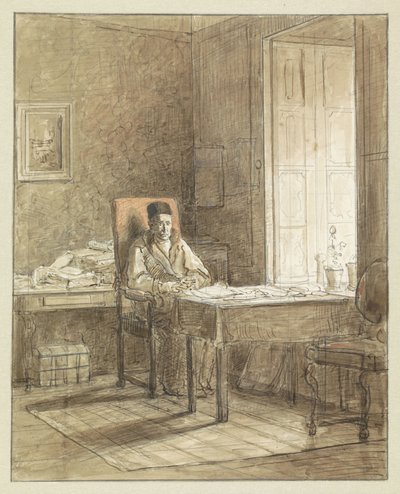 Portret van Gerrit Lamberts, zittend in een leunstoel in het Prentenkabinet door Jacobus Ludovicus Cornet