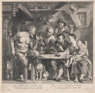 Een Sater Bezoekt een Boerenfamilie door Jacobus Neeffs, after Jacob Jordaens
