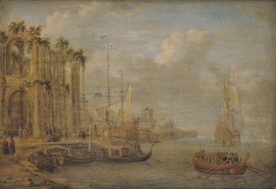 Havenscène met antieke ruïnes door Jacobus Storck