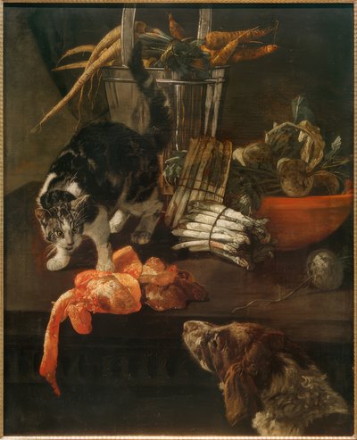 Keukenstuk met hond en kat door Jacobus Victors