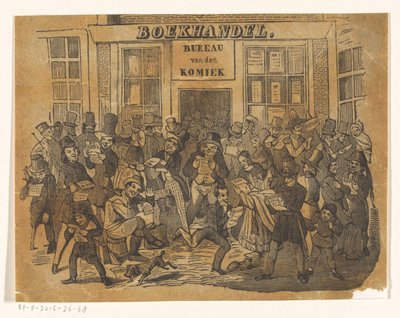 Menigte voor een boekhandel om De Komiek te bemachtigen door Jacobus Wilhelmus Adrianus Hilverdink (possibly)
