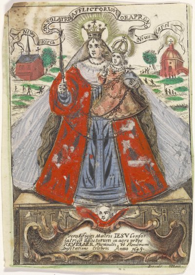 Maria met Kind met achter haar twee kerkgebouwen door Jacobus de Man (I)