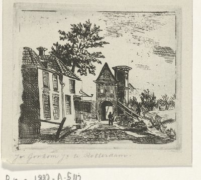 Stadsgezicht met poort door Jacobus van Gorkom jr.