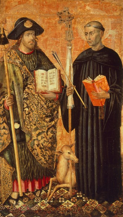 Sint Jacob van Compostela afgebeeld als pelgrim met staf, hoed en schelp, en Sint Gilles de kluizenaar, c.1450 door Jacomart (c.1413 61) Baco