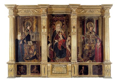 Het altaarstuk van Sint-Ildefons (overleden 667, bisschop van Toledo) en Sint-Augustinus van Hippo (ca. 354-430, Berber filosoof en schrijver). Schilderij door Jaume Baco genaamd Jacomart (1410-1461). Olie op hout, circa 1450, Renaissancekunst. Kathedraal  door Jacomart (c.1413 61) Baco