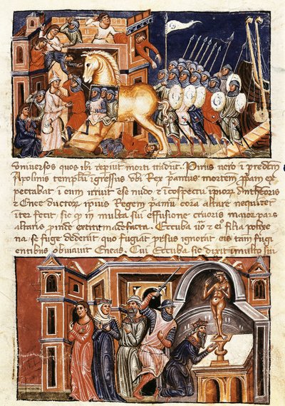 Belegering en aanval op de stad Troje, miniatuur uit "Historia destructionis Troiae" door Guido delle Colone door Jacome Cromberger