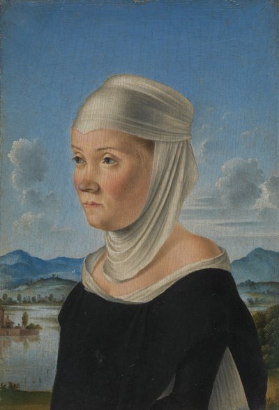Portret van een vrouw, mogelijk een non van San Secondo, verso scène in grisaille, ca. 1485-95 door Jacometto Veneziano