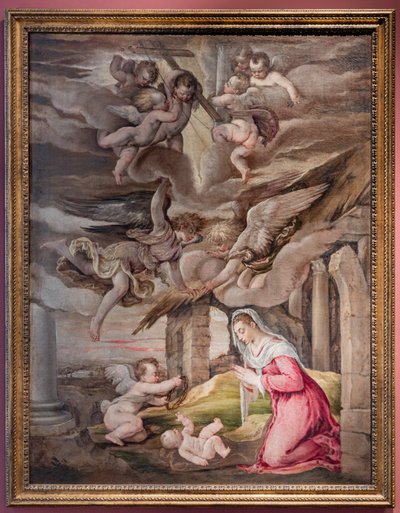 Aanbidding van kind Jezus en engelen met de instrumenten van passie door Jacopo (1510 92) Bassano