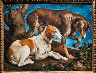 Portret van twee honden vastgebonden aan een blok door Jacopo (1510 92) Bassano