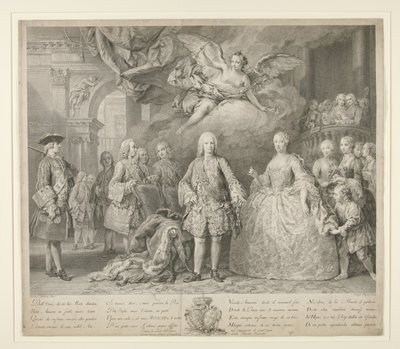 Ferdinand VI en zijn koningin Maria Barbara van Braganza met Scarlatti en de beroemde Italiaanse castraat Farinelli door Jacopo (after) Amigoni