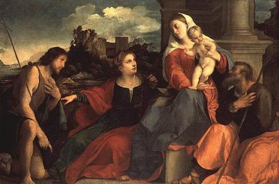 Madonna en Kind met Sint Jan de Doper en Heiligen door Jacopo (c.1480 1528) Palma