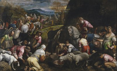 Mozes slaat water uit de rots door Jacopo Bassano il vecchio