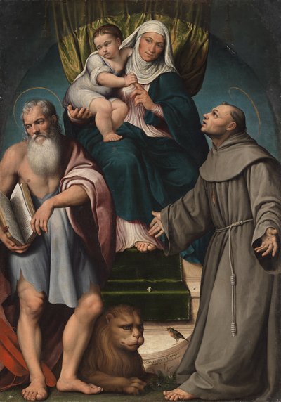 Sint Anna en het kind Christus op de troon tussen de heiligen Hiëronymus en Franciscus, 1541 door Jacopo Bassano il vecchio