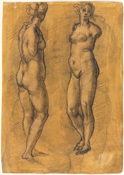 Kopie van een antiek standbeeld van een staande vrouw twee aanzichten, boven een schets van een putto, 1570s door Jacopo Chimenti