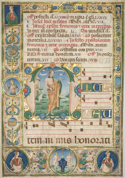 Blad uit een Graduaal: Initiaal (M) met St. Andreas (recto) door Jacopo Filippo d
