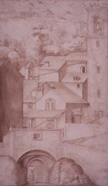 Uitzicht op het Klooster van La Verna, Ingangspoort en Klokkentoren, c.1607-12 door Jacopo Ligozzi