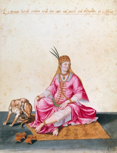 Turkse vrouw met hond, tekening door Jacopo Ligozzi door Jacopo Ligozzi