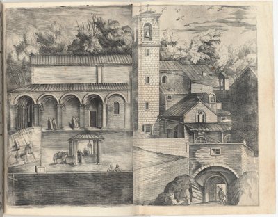 Uitzicht op het Kwadrant: de Hoofdingang, het Plein, de Kerk en de Loggia van het Klooster van de Monte della Vernia door Jacopo Ligozzi