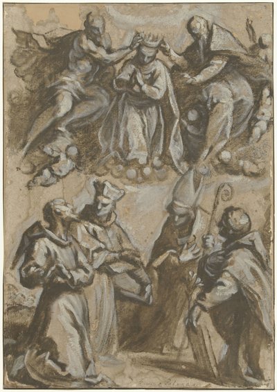Vier heiligen in aanbidding en de kroning van de Maagd Maria door Jacopo Palma (il Giovane)