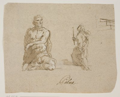 Knielende man, meisje met een kaars die trappen opgaat (de Maagd die de Tempel binnengaat), perspectiefschets voor de trappen door Jacopo Palma