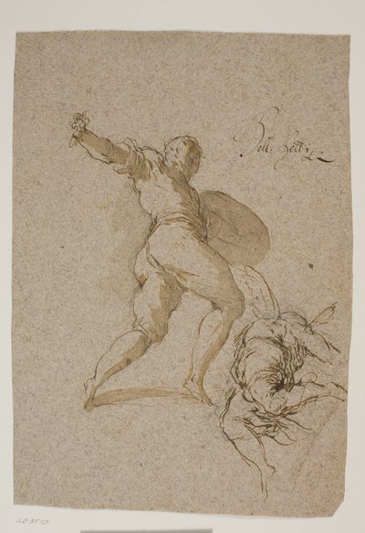 Springende krijger en een vliegende engel van achteren gezien door Jacopo Palma