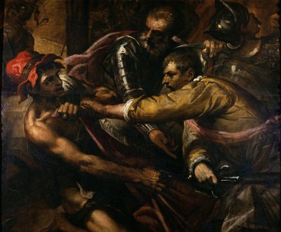Soldaten die kleren betwisten door Jacopo Palma