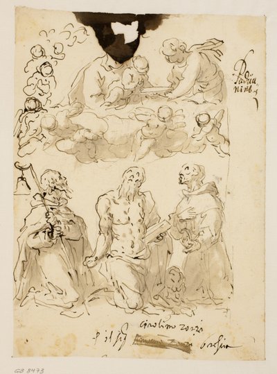 Heiligen Antonius, Jerome en Bernardino knielend, met de Maagd en het kind Christus omringd door engelen door Jacopo Palma