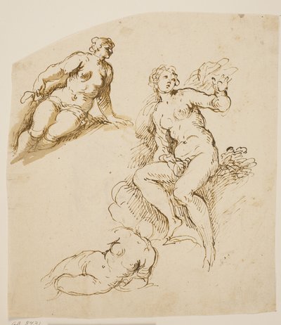Studies voor een zittende en twee neergebogen vrouwen door Jacopo Palma