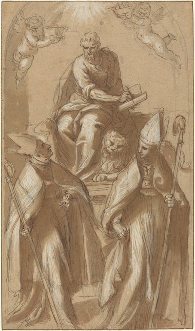 Sint Marcus met Twee Bisschoppen en Putti door Jacopo Palma il Giovane