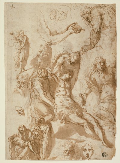 Schetsen voor een klaagzang en een Pietà, en van verschillende figuren, hoofden en een arm (recto); Schetsen van de dode Christus, en van verschillende figuren en hoofden (verso) door Jacopo Palma il Giovane