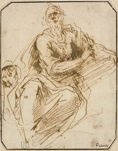 Studie voor St. Mark (recto); schets van een half-lengte mannelijke figuur, omhoog kijkend naar rechts (verso) door Jacopo Palma il Giovane