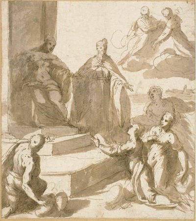 Studie voor Venetië die Eerbetoon en Geschenken ontvangt van Brescia, Udine, Padua en Verona, met Doge Francesco Venier die ze presenteert door Jacopo Palma il Giovane