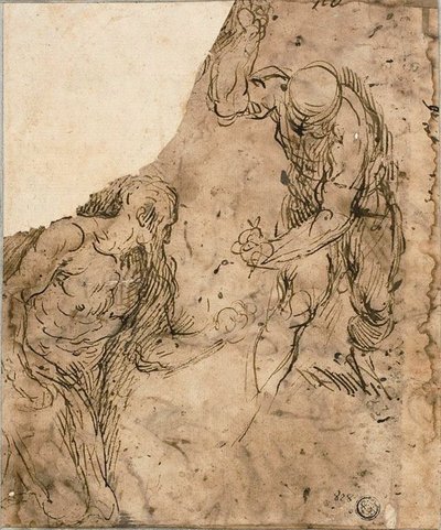 Twee Schetsen van Mannelijke Naakten, Een Knielend, Een Staand (recto); Drie Schetsen: Zittend Mannelijk Naakt, Liggend Mannelijk Naakt, Mannelijk Hoofd in Profiel (verso) door Jacopo Palma il Giovane
