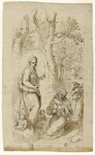 Visioen van Sint Franciscus van Assisi (recto); Sint Hiëronymus, visioen van Sint Franciscus, en twee kleine schetsen van Sint Franciscus met het Christuskind (verso) door Jacopo Palma il Giovane