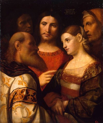 Christus en de overspelige vrouw, 1510 door Jacopo Palma il Vecchio the Elder