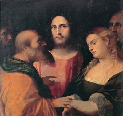 Christus en de overspelige vrouw, 1525-1528 door Jacopo Palma il Vecchio the Elder