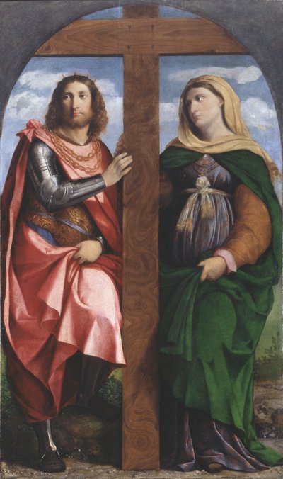 Verheffing van het Kruis. Heiligen Constantijn de Grote en Helena, 1520-1522 door Jacopo Palma il Vecchio the Elder